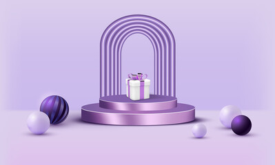 3d background product display podium scene with geometric platform. 3d gift box. 3d render vector background with podium. Floor standing screen, violet background
