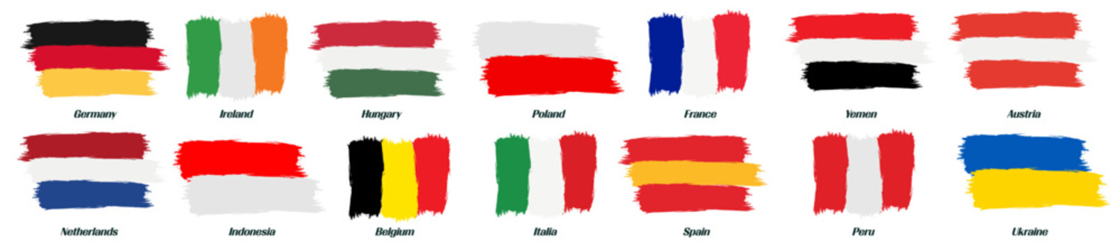 Set of World Flags in Grunge Brush Stroke. Vector Illustration