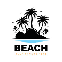 Obraz premium Coconut Tree And Beach Logo, Ocean Nature Landscape Design, Beach Icon Plant Vector