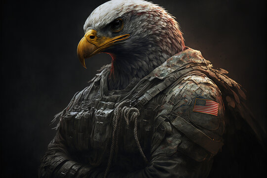 Generative AI Illustration of a bald eagle head in human body soldier with the United States of America flag on shoulder