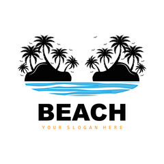 Coconut Tree And Beach Logo, Ocean Nature Landscape Design, Beach Icon Plant Vector