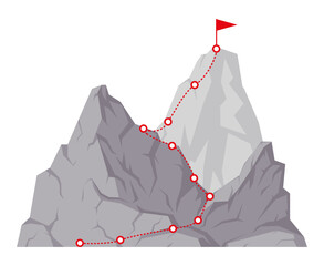 Cartoon mountain peak route. Rocky range climbing progress, hiking trip to mountains top, dotted route with red flag on top flat vector illustration on white background