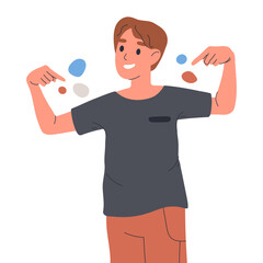 Guy pointing to himself. Male character indicating and pointing with index finger, cheerful man pointing side flat vector illustration on white background