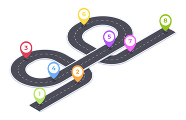 Isometric winding road infographic. Timeline road navigation, city map 8 steps timeline road, roadmap pathway 3d vector illustration on white background