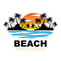 Fototapeta na wymiar Coconut Tree And Beach Logo, Ocean Nature Landscape Design, Beach Icon Plant Vector