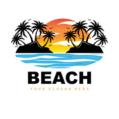 Obraz premium Coconut Tree And Beach Logo, Ocean Nature Landscape Design, Beach Icon Plant Vector