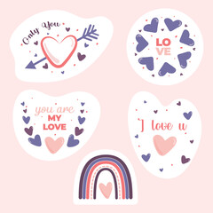 Happy Valentine's Day romantic pattern. Rainbow, heart and  flowers. Beautiful love stickers with Valentine's Day elements and quotes. Romantic cartoon image and trendy lettering.