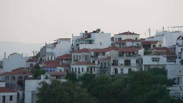 Old Town from elevated position at sunset, Skiathos Town, Skiathos, Sporades Islands, Greek Islands