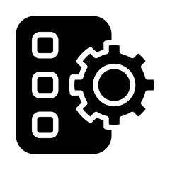 Isolated paper with cogwheel in solid glyph icon on white background. Gear, list, planning, task, management, organizer