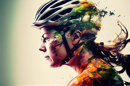 multi exposure illustration art of woman with bike helmet cycling, generative ai
