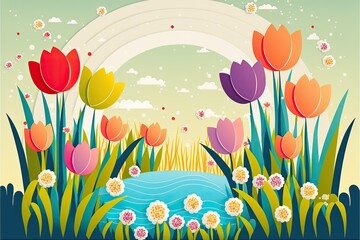 Obraz na płótnie Canvas spring background with flowers, vector art, Generative AI