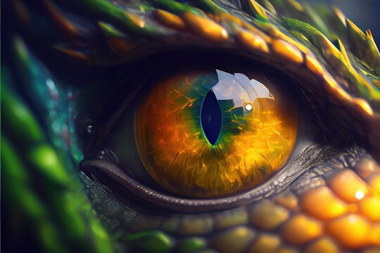 Close-up fantastic reptile eye, yellow and green lizard or dragon. Generative AI