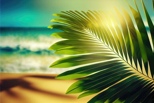 Large green leaf of palm tree on blurred background of sea and sandy beach. Generative AI