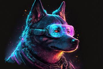 Neon light dog portrait. Generative AI.