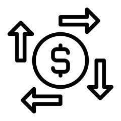 Isolated dollar coin with arrows in outline icon on white background. Cash flow, cash out, funding, transaction, conversion, earnings