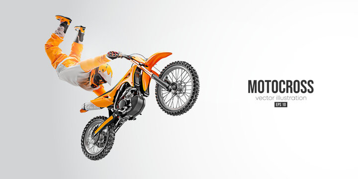 Realistic silhouette of a motocross rider, man is doing a trick, isolated on white background. Enduro motorbike sport transport. Vector illustration