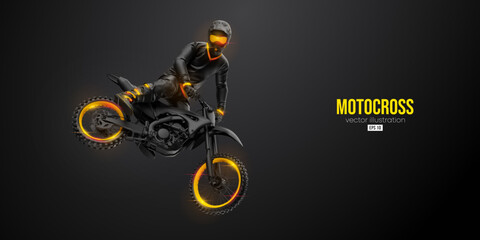 Abstract silhouette of a motocross rider, man is doing a trick, isolated on black background. Enduro motorbike sport transport. Vector illustration