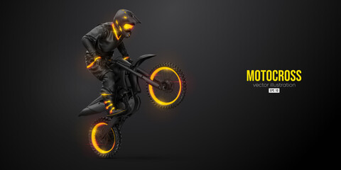 Abstract silhouette of a motocross rider, man is doing a trick, isolated on black background. Enduro motorbike sport transport. Vector illustration