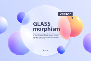 3d creative glassmorphism with circle in front and colorful floating spheres on background.