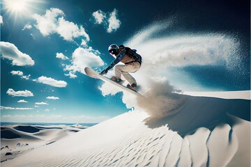 A man snowboarding in the sand