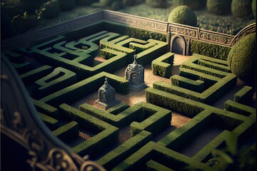 A labyrinth hedge maze in a garden