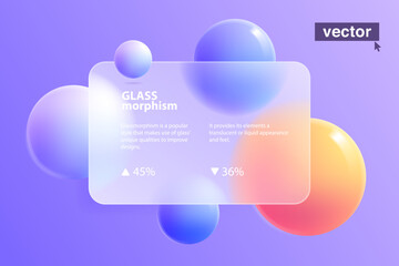 Glassmorphism card concept with colorful floating spheres. Frosted glass effect.