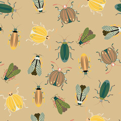 Seamless beetle pattern, Insects repeat design, Bug print, Decorative beetle textile, Summer seamless background, Colorful Beetles abstract design, Flat hand drawn bug ornament, Fauna ornament