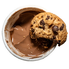 Crème dessert fondant chocolat et gâteau pépites chocolat sur fond transparent