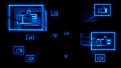 Fototapeta premium The blue Like symbol on a black background shows the excellence of your product. 3D rendering.