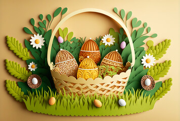 Paper cut background with basket full of Easter eggs. Intricate details. Generative AI 