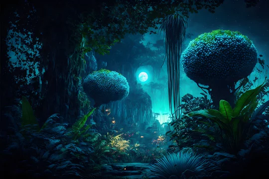 Cinematic Pandora Avatar planet at night. glowing dots at plants and trees  in jungle ilustración de Stock | Adobe Stock