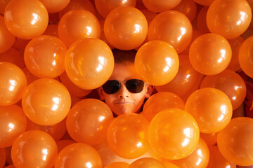 Little boy in sunglasses amongst orange balloons