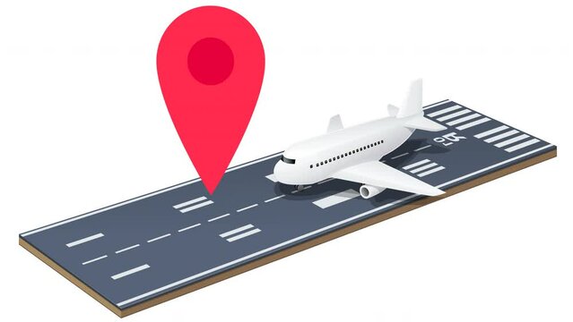 Animation loop of a map marker hopping on an airport runway with an airliner landed on white background