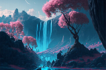Beautiful pink harmonic landscape with a waterfall and mountains