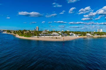 A view across the channel at the mouth of the Stranahan river from Port Everglades, Fort Lauderdale on a bright sunny day