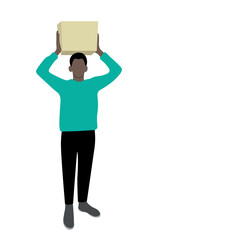 The black guy holds a big box with two hands above his head, flat vector, isolated on white, faceless illustration, delivery, moving