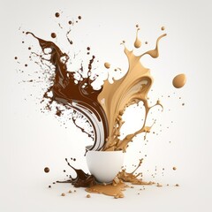 3D of milk or coffee or chocolate splash isolated on white background. Creamy splash for ads. Mocha splash. Generative AI. 