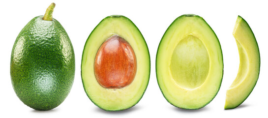 Avocado fruit and avocado slices isolated  on white background.
