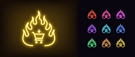 Outline neon hot offer icon set. Glowing neon fire frame with shop cart sign, hot online shopping pictogram. Top best purchases, super fire sale, popular online stores, bestseller hit. © Дмитрий Майер