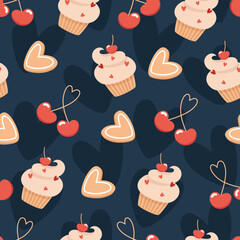 Seamless valentines day pattern with cherry and cakes in flat style