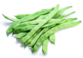 French green beans isolated on white background. Green beans are rich in protein, dietary fibres,...