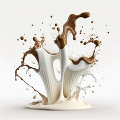 3D of milk or coffee or chocolate splash isolated on white background. Creamy splash for ads. Mocha splash.  Generative AI. 