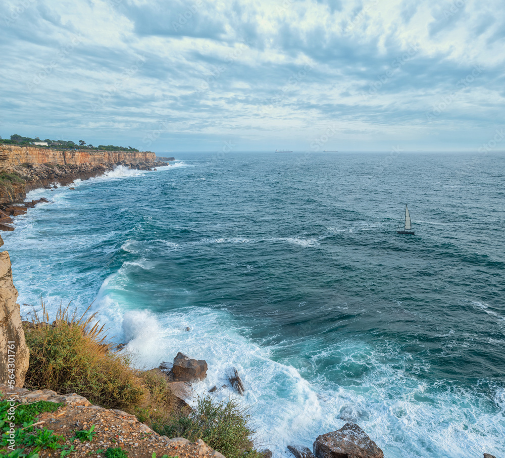 Wall mural beautiful cloudy sky and foaming waves approaching rocky shore of the atlantic ocean. beautiful natu