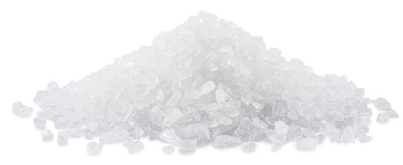 Pile of salt crystals on white background. File contains clipping path.