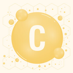 Vitamin C gold shining pill capcule icon. Vitamin complex with Chemical formula, ascorbic acid. Shining substance drop. Meds for heath ads. Vector illustration