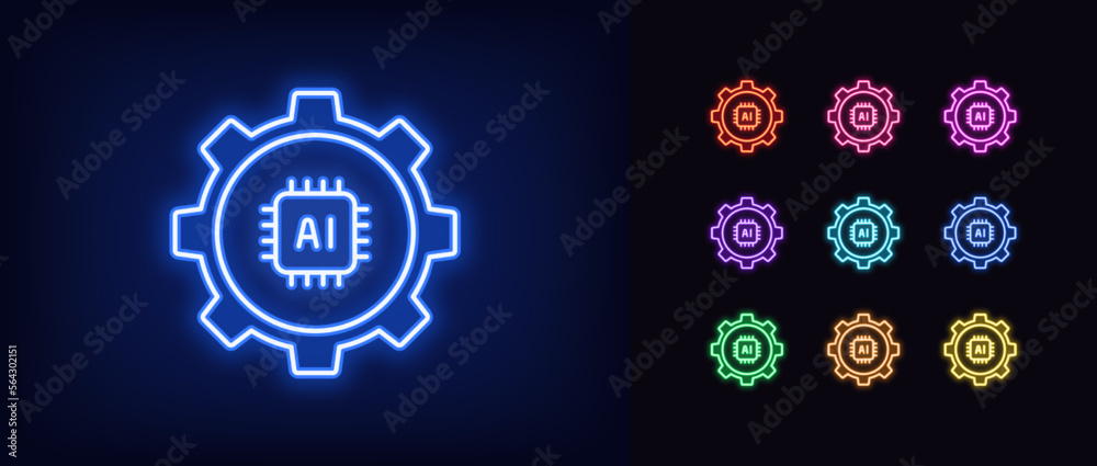 Poster outline neon ai settings icon set. glowing neon gear wheel frame with microchip sign, artificial int