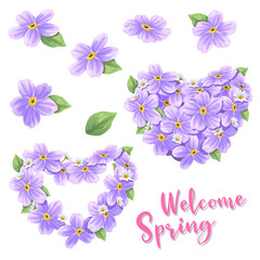 Vector illustration of flowers frame. Colorful floral heart, drawing watercolor. Welcome spring or summer design for invitation and greeting cards