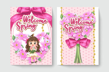 Welcome spring invitation card template design, pink flowers and leaves with ribbon and pattern on pink background, vintage style