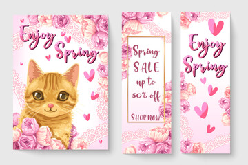 Cute little cat with flowers in spring theme illustration for kids fashion artworks, children books, prints, t shirt graphic.