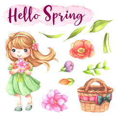 watercolor cute girl illustration, baby doll, little princess, floral element, gift basket, Hello spring design elements set isolated background, festive clip art